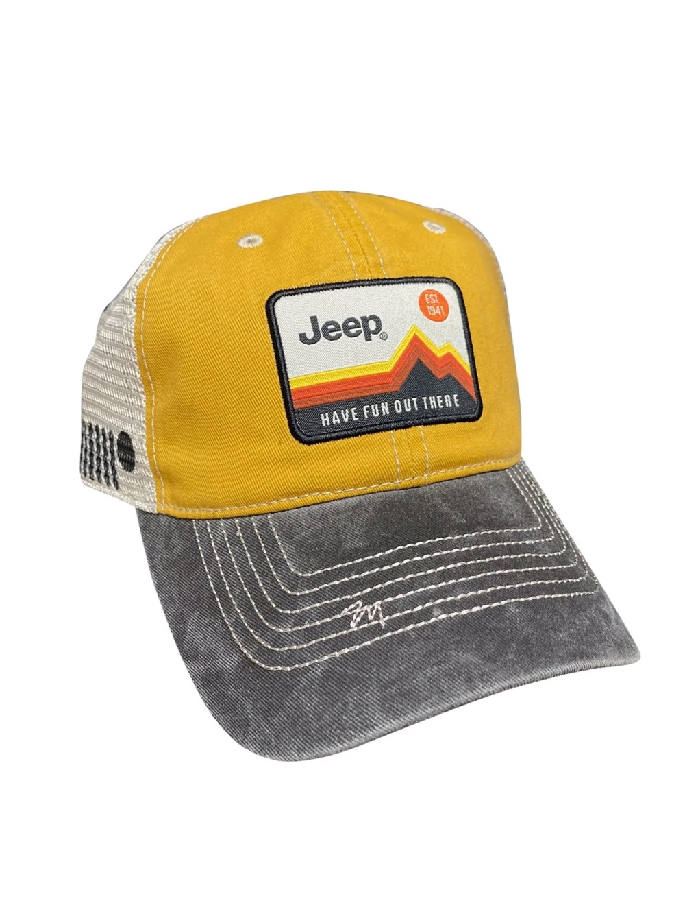 Jeep “Have Fun Out There.” Patch Garment Washed Trucker Hat- Yellow/Grey- NWT